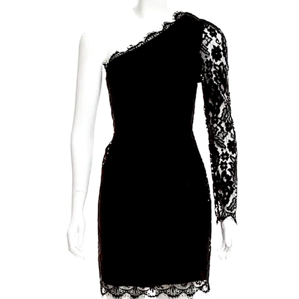 MADISON MARCUS Black Lace One-Shoulder Dress SZ M